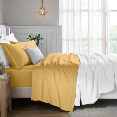 Imagem de Superior Jogo de lençol de algodão egípcio com 4 peças, 650 fios, design moderno, lençóis sustentáveis, básicos ultramacios, liso, lençol de cima, fronhas, casal, dourado