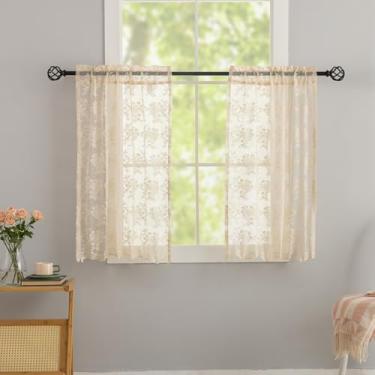 Imagem de Cortinas de renda bege para café 76 cm de comprimento cortinas de cozinha vintage curtas 2 painéis, camadas transparentes com filtro de luz, bolso para haste, pequenas cortinas de janela para banheiro