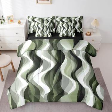 Imagem de Erosebridal Conjunto de edredom completo, 7 peças, verde sálvia, boêmio, abstrato, listrado, para crianças, adolescentes e adultos, roupa de cama geométrica minimalista, arte estética de meados do