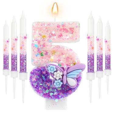 Imagem de AKURIEEY Borboleta 5º aniversário vela roxa número 5 com 6 peças velas longas para meninas, enfeite de bolo, decoração de cupcake, decoração de festa, aniversário, celebrações, suprimentos
