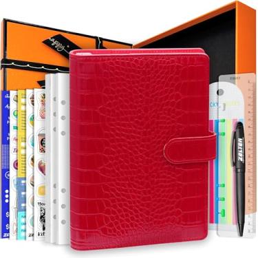 Imagem de Agenda de caderno pessoal de couro PU com 67 páginas, papéis de folhas soltas, 6 furos, suporte de caneta, fivela magnética (padrão de crocodilo vermelho, caixa de presente A5)