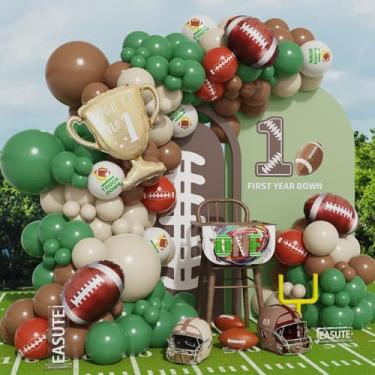 Imagem de EASUTE Kit de arco de balão de futebol, 131 peças de decorações de festa de aniversário de primeiro ano verde sálvia marrom com balões de alumínio de rúgbi, toque para baixo, Rugby, Super Bowl