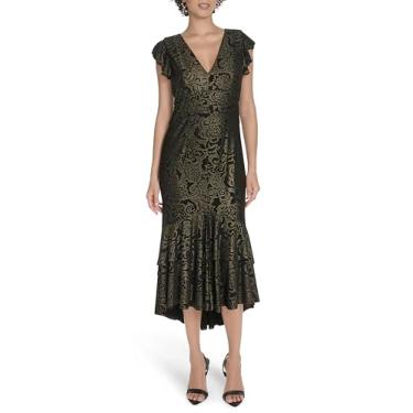 Imagem de Tommy Hilfiger Midi império feminino manga esvoaçante gola V, Preto/dourado, 46