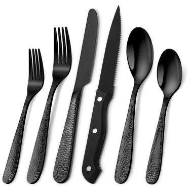 Imagem de Conjunto de Talheres Pretos Martelados para 8 pessoas, 48 peças de Cutelaria de Alta Resistência, incluindo Facas de Carne,Aswwid