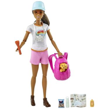 Imagem de Boneca Barbie para Caminhadas com Cachorro, 9 acessórios, Incluindo Mochila para Transporte de Animais de Estimação