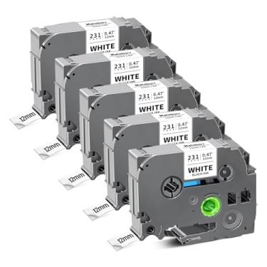 Imagem de Pacote com 5 fitas de etiquetas TZe-231 TZe231 compatível com fita de etiquetagem Brother 12 mm 0,47 branca 1/2 polegada para P Touch PTD220 PT-D200 PT-D210 PTH100 PT-D400 PTD600 etiquetadora, preto