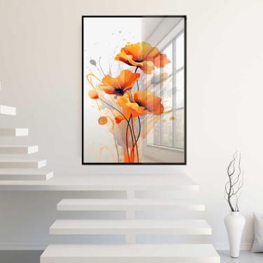 Imagem de Quadro Decorativo com Moldura e Acrilico Cristal Vidro Flores Arte Laranja Sala Quarto Hall