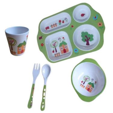 Imagem de Kit Refeição Infantil Papinha Prato Copo Talheres Pote 5 Pçs - Idea