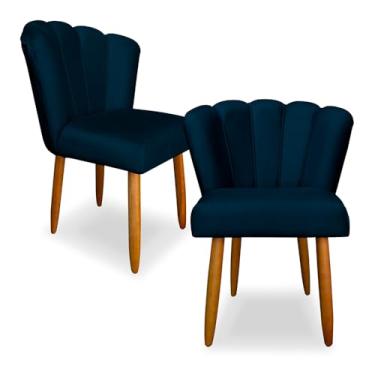 Imagem de Kit 2 Cadeiras de Jantar Pétala Estofada Pés Palito Veludo Azul Marinho - Montanaris Decor