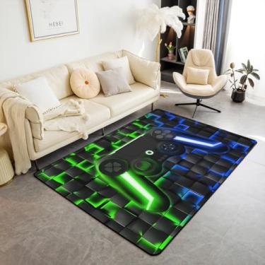 Imagem de Erosebridal Tapetes de sala de estar para meninos gamer, 12 x 18 cm, para crianças, adolescentes, homens, quarto, sala de jogos, luzes neon 3D, ombré, geométrico, xadrez, gamepad, tapete para uso