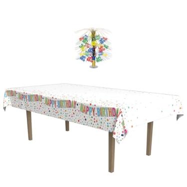 Imagem de Beistle Conjunto de mesa e mesa de Happy Birthday – Conjunto de 2 peças com decoração de mesa em cascata de 45 cm e toalha de mesa de plástico de 137 x 274 cm, design colorido de confetes para festas