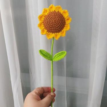 Imagem de Buquê de girassol de crochê feito à mão, decoração de flores artificiais para casa e presente (girassol de folha dupla)