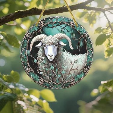 Imagem de Acrílico colorido Suncatcher, decoração de parede de janela suspensa de ovelha floral de 18 cm com design de vitral impresso, ideia de presente e ornamento de jardim para uso interno e externo