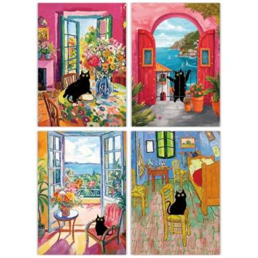 Imagem de Sitsink Pintura estética de gato preto com diamante – Kit de pintura artística de diamante de 4 peças para adultos, decoração de casa, conjunto completo de tela de pedra preciosa 5D, kit de artesanato