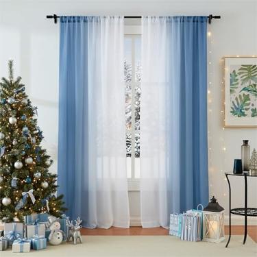 Imagem de Cortinas transparentes ombré azul de 227 cm de comprimento para decoração de sala de estar e quarto, conjunto de 2 painéis de cortina de chiffon enrugados gradiente para quarto de meninas, cortinas