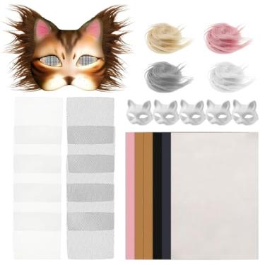Imagem de Kit de máscara de gato faça você mesmo, kit criativo de criação de máscara de gato, material de artesanato peludo, leve para baile de máscaras de carnaval e festa de cosplay (estilo 1)