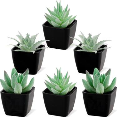 Imagem de Woration 6 peças de plantas suculentas falsas em vasos pretos, mini suculentas artificiais em vaso verde conjunto de decoração verde para decoração de mesa de escritório, mesa, prateleira, festa