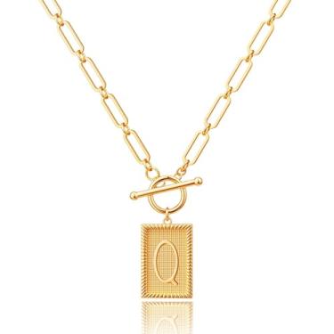 Imagem de Robaice Colar feminino banhado a ouro 14K, pingente de alfabeto personalizado com gravação inspiradora, corrente de clipe de papel, joia que não mancha, presente para ela, 18'' + 2'' extender, Metal