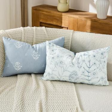 Imagem de DWR Conjunto de 2 fronhas decorativas de casa de fazenda de linho floral reversível azul 30,5 x 50,8 cm, almofada ultra macia para sofá, sala de estar, capa APENAS