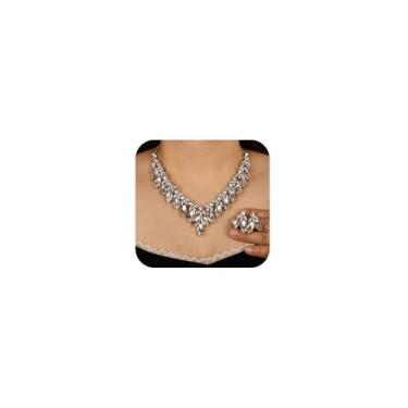 Imagem de Missgrace Conjunto de colares e brincos vintage boho noiva casamento brilhante colorido verde vermelho banhado a ouro grande festa formatura prata lágrima strass grande brilhante Halloween Natal verde