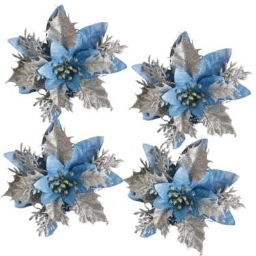 Imagem de 4 peças de flores de Natal rosa para decoração de árvore de Natal, guirlanda DIY, quarto, decoração de casa, festa temática, mesa, enfeite de jardim ao ar livre (azul - 4 peças)