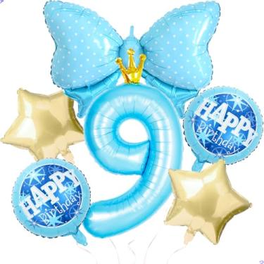 Imagem de Balões de princesa azul para decoração de festa de aniversário de 9 anos da Cinderela, balão de coroa de ouro azul 101,6 cm Gaint balão de 9º aniversário para decoração de aniversário de princesa