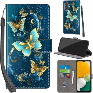Imagem de Salanheo Capa carteira para Samsung Galaxy A54 5G, com [3 compartimentos para cartões], fecho magnético com suporte, capa protetora flip de couro PU à prova de choque 16.3 cm, borboleta verde dourada