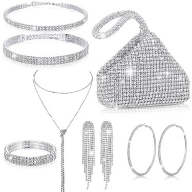 Imagem de Chicingyou 7 peças femininas conjunto de joias de strass casamento triângulo brilhante noite bolsa clutch colar prata strass colar pulseira cristal pingente brincos de franja para casamento festa de