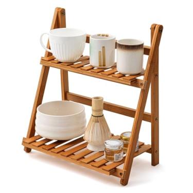 Imagem de Yalikop Prateleira para estação Matcha, organizador de estação de café de 29 cm, suporte de caneca de bambu de 2 camadas, suporte para vaso de flores de mesa para casa, sala de estar, peitoril da