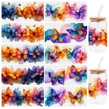 Imagem de 10 folhas de adesivos de transferência DTF UV borboleta de tinta, para copo de vidro Libbey, decalques à prova d'água, etiqueta adesiva de plástico para decoração de garrafas e copos