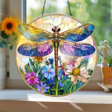 Imagem de Acrílico colorido Suncatcher, apanhador de sol estilo vitral impresso libélula com reflexos de arco-íris, decoração de janela suspensa, decoração de parede, ornamentos de Natal para uso interno e