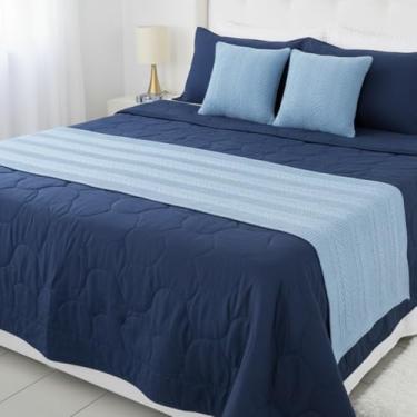 Imagem de Kit peseira manta trico cama casal queen king para sofá com 2 almofadas decorativa cama posta (Azul Claro, Queen)