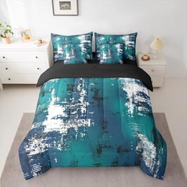 Imagem de Feelyou Conjunto de edredom abstrato com 7 peças, Queen, moderno, arte abstrata, para crianças, meninos, meninas, azul, verde e branco, decoração de quarto de luxo, microfibra leve e geométrica
