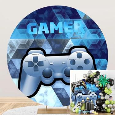 Imagem de Poliéster diâmetro 2 m redondo tema de jogo pano de fundo azul Technicolor controle de gamer fotografia fundo menino festa aniversário chá de bebê decoração amantes de jogos retrato tiro adereços