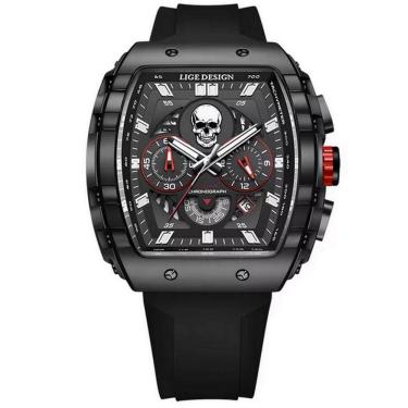 Imagem de Relógio De Quartzo Impermeável Masculino Caveira Esportivo Casual Tonneau Preto