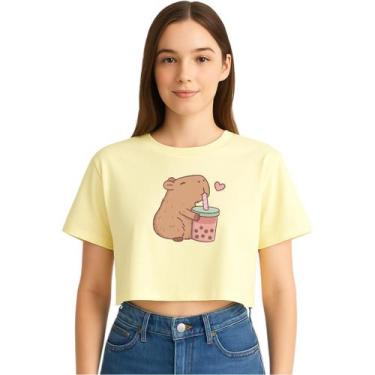 Imagem de Cropped Feminino Oversized Capivara Milk Shake - Ligata, Amarelo, G