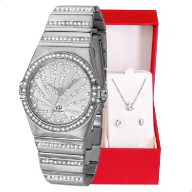 Imagem de Relógio Feminino Champion Ana Hickmann Prata AH28455Q Colar e Brincos