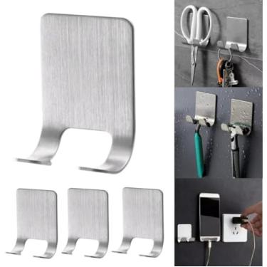 Imagem de BÁRBARA SOMMER Kit 2 Suportes Adesivos de Parede em Inox, Ganchos Multiuso para Barbeador e Celular, Prata, Alta Aderência, Suporta 4kg, Fixação com Fita 3M