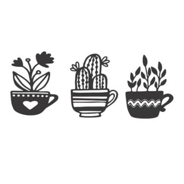 Imagem de Quadro Decorativo Cactos Xícaras MDF 3mm Preto Fosco