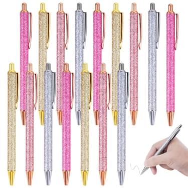 Imagem de 16 peças lindas canetas esferográficas de metal ouro rosa com design brilhante, retráteis para diário e uso no escritório, com tinta preta, ponta média de 1 mm em 4 cores