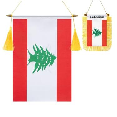 Imagem de Pacote com 2 bandeiras de parede do Líbano, mini bandeira libanesa pendurada na janela do carro, acabamento acetinado, tecido resistente, bandeiras patrióticas para decoração de espelho retrovisor de