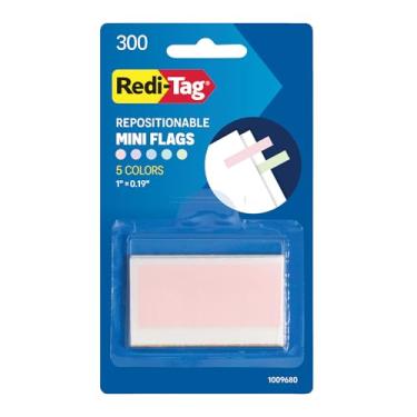 Imagem de Redi-Tag Pequenas bandeiras pastel, 300 por pacote, bandeiras adesivas para diários e calendários, material escolar e de escritório, 0,5 cm x 2,5 cm, 5 cores pastel sortidas (1009680)
