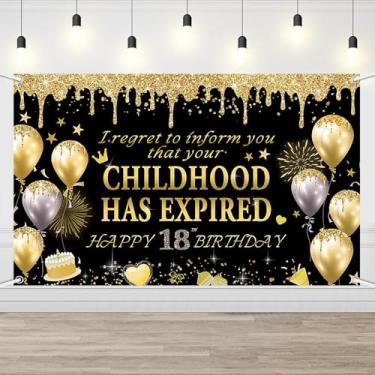 Imagem de AIBIIN Pano de fundo de aniversário de 18 anos em ouro preto I Regret to Inform You Your Childhood Has Expired Banner Decorações de festa de 18 anos de idade Adereços para fotos de festa para adultos