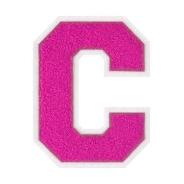 Imagem de 1 peça de patch de letra de chenille rosa de 11,4 cm com borda branca – Remendos do alfabeto para roupas, jaquetas, mochilas, chapéus para decoração personalizada, nome personalizado e artesanato. (C)