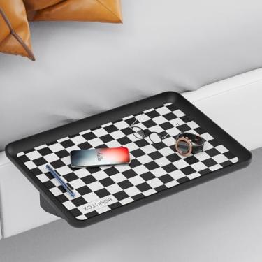 Imagem de Prateleira de cabeceira para beliche de dormitório/beliche superior - Bandeja flutuante de encaixe sem perfuração, quadriculado preto e branco com almofada antiderrapante, essencial para faculdade com
