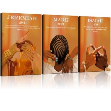 Imagem de 3 peças emolduradas pretas escrituras cristãs design afrocêntrico decoração de parede impressão em tela imagens versículos bíblicos arte moderna pôster galeria quarto sala de estar escritório 30 x 40