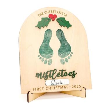 Imagem de Arte personalizada de pegada de visco de madeira do primeiro Natal 2025 do bebê, lembrança de artesanato de bebê DIY, cartão rústico de marco de Natal, presentes para avós, chá de bebê ou acessório de