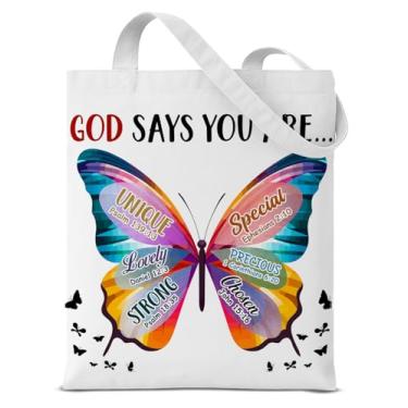 Imagem de QYCFDXD Sacola de lona de borboleta cristã para mulheres, God Says You Are Bible Versículo da Bíblia, reutilizável, bolsa de ombro para compras, trabalho, presentes para amantes de borboletas