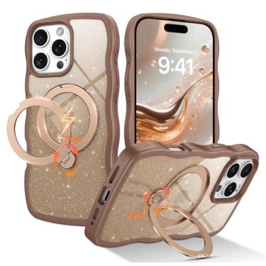Imagem de QuantumKoo Capa para iPhone 16 Pro Max com suporte magnético de 360°, capa de celular transparente com glitter fofo ondulado para iPhone 16 ProMax compatível com MagSafe, capa à prova de choque