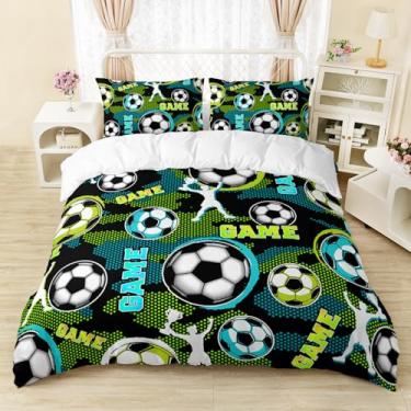 Imagem de AILONEN Jogo de cama de futebol esportivo, tamanho queen, para meninos, crianças, jogador de futebol, edredom com 2 fronhas - Conjunto de edredom com estampa de futebol verde e preto, 3 peças